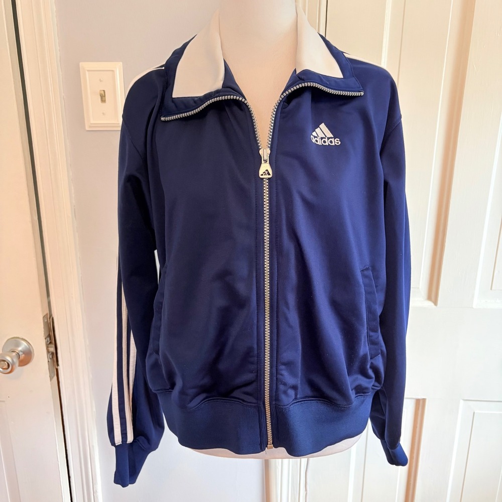 Vintage Adidas Women Medium Track Jacket Blue White 3-Stripe Full Zip Y2K 90s